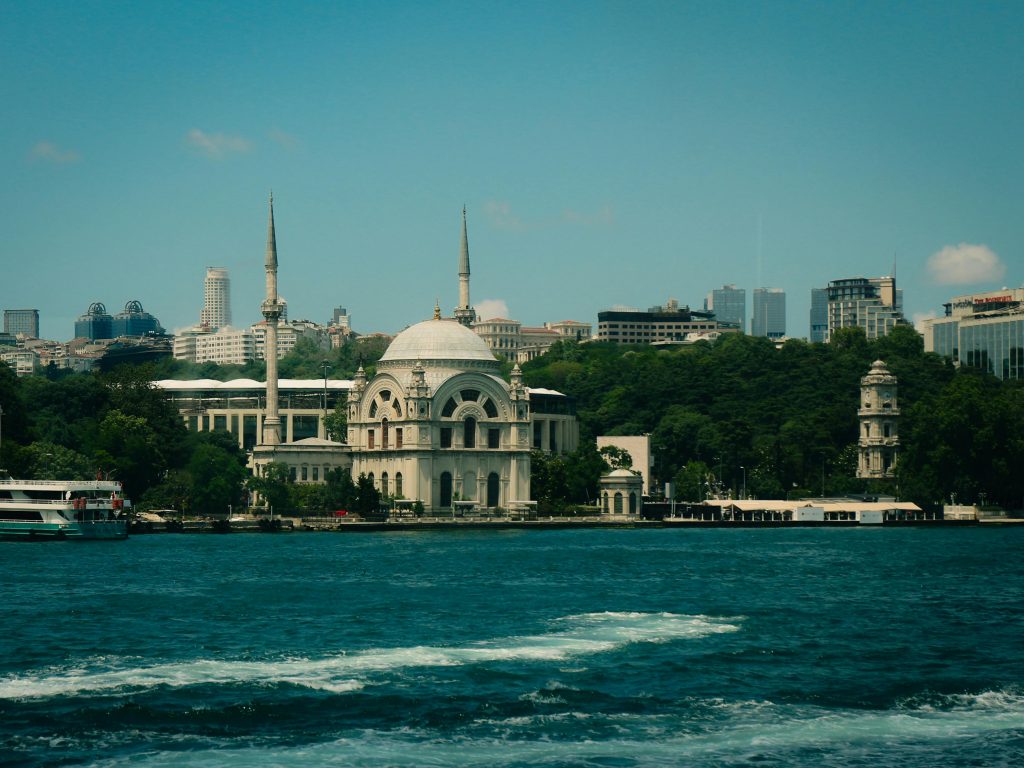 Stunning view of a mosque on the Bosphorus in Istanbul with city skyline.